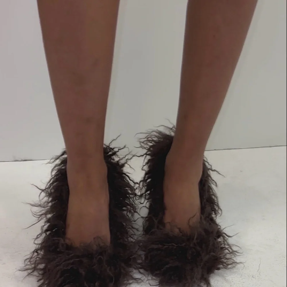 Azalea Wang Jameeka Choc. Furry Statement Heels Shag Mule Party Shoe Sz. Multi